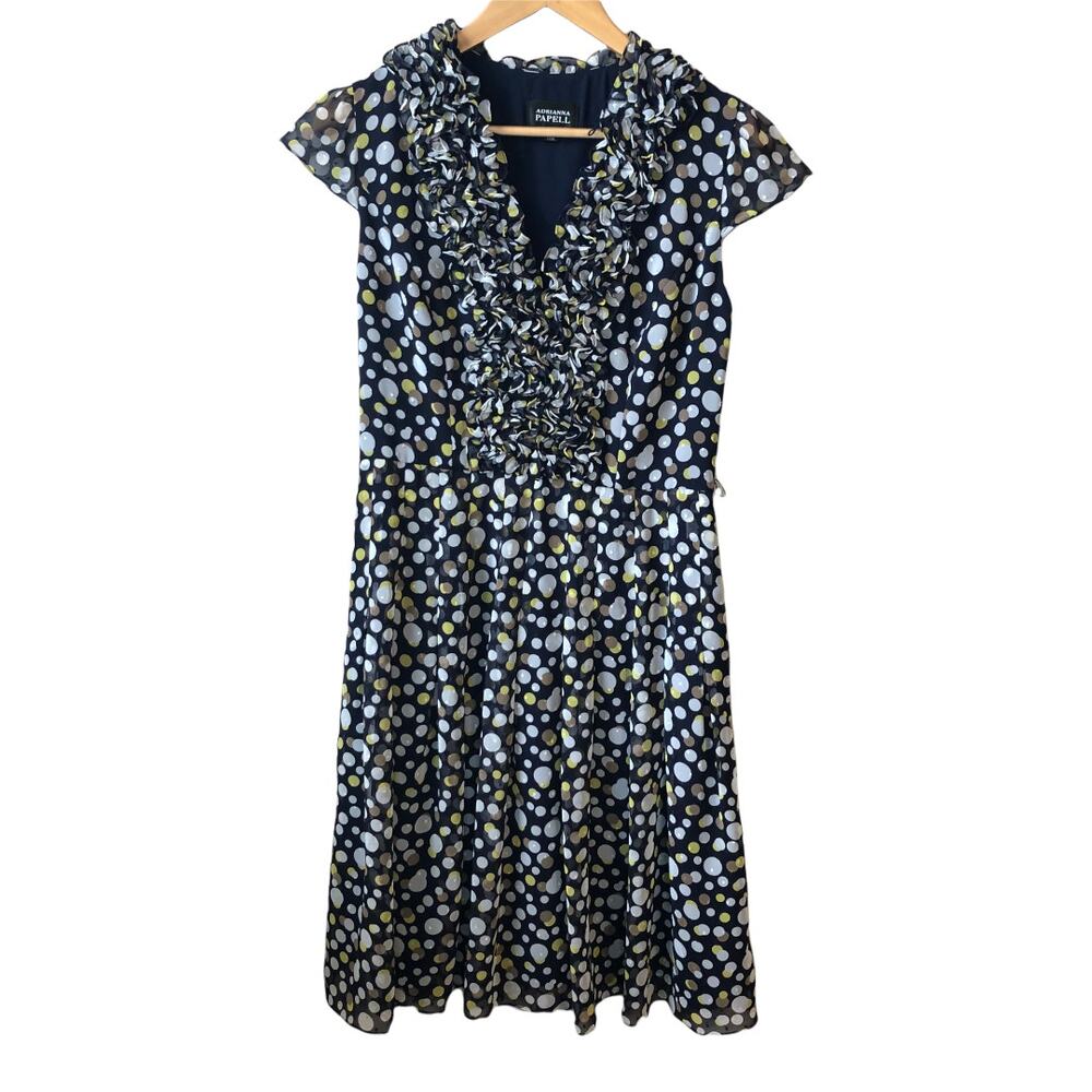 Adrianna Papell Cap Sleeve Ruffle Womens Polka Dot Dress Navy/White/Yellow 8